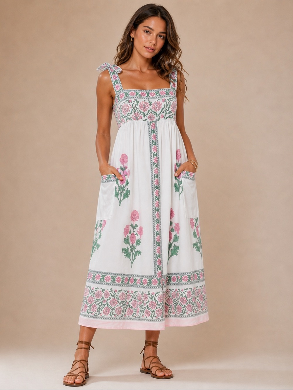 Juliet Dunn White Orchid Poppy Tie Shoulder Midi Dress US 6/8